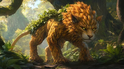 Lion with leaves in forest