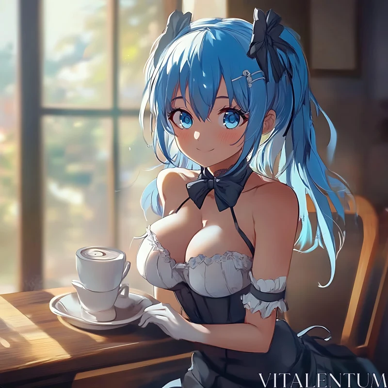 Blue-Haired Anime Maid with Coffee AI Image