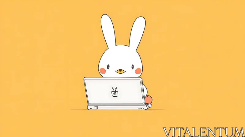 Bunny Cartoon with Laptop on Yellow Background AI Image