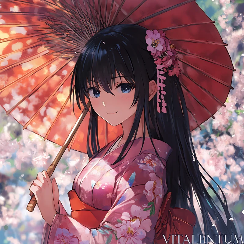 Anime Kimono Lady with Parasol in Cherry Blossom Garden AI Image