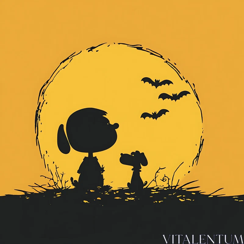 Whimsical Halloween Scene with Full Moon, Bats, and Silhouettes AI Image