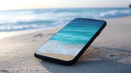 Smartphone on Beach Reflecting Ocean