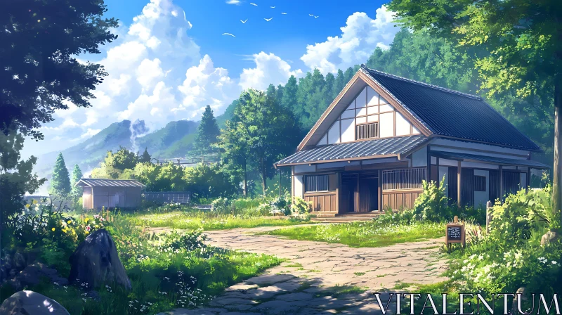 Traditional House in Lush Countryside AI Image