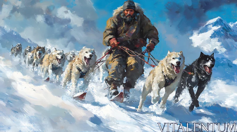 AI ART Musher and Dog Team in Winter Landscape