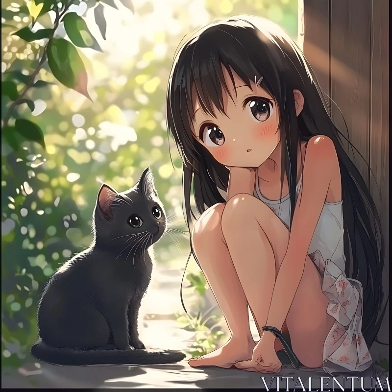 Charming Anime Girl with Cat in Nature AI Image