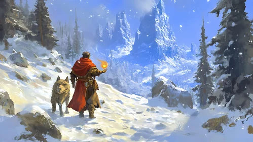 Snowy Mountain Wanderer with Wolf Companion