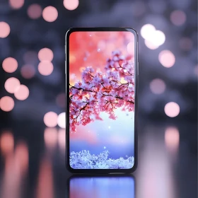 Smartphone with Cherry Blossoms and Bokeh Background