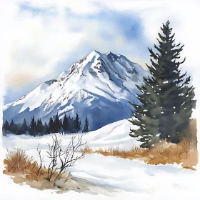 Watercolor Mountain Scene with Pine Trees