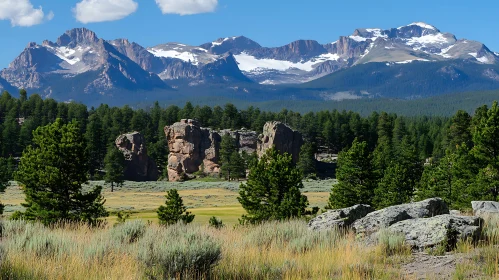 Snowy Mountain Peaks and Pine Forest