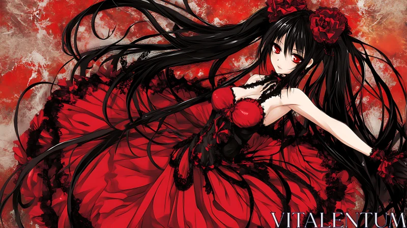 Gothic Anime Girl in Red with Roses AI Image