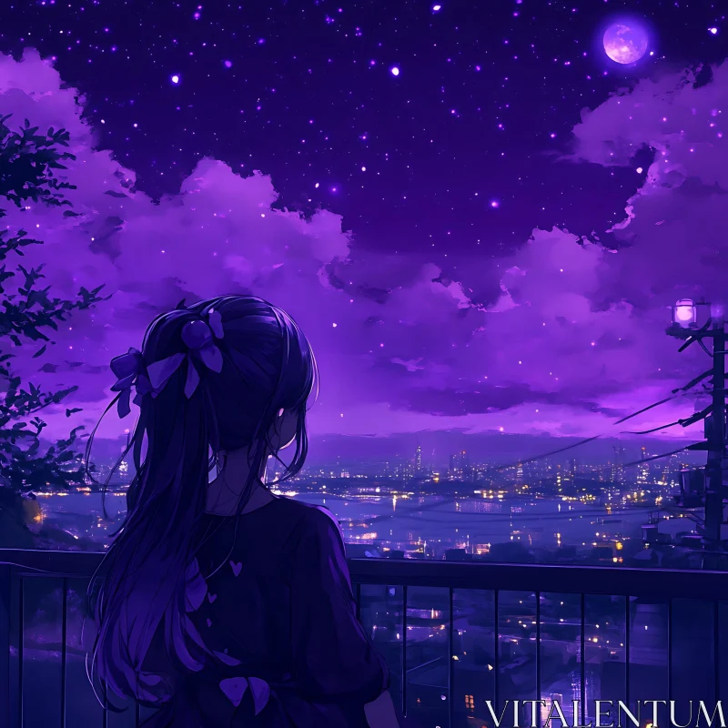 Purple Night Sky Cityscape with Anime Girl AI Image