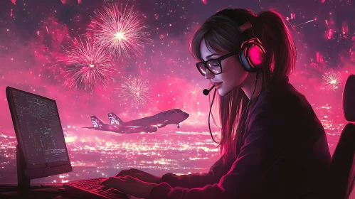 Girl Gamer with Fireworks Display