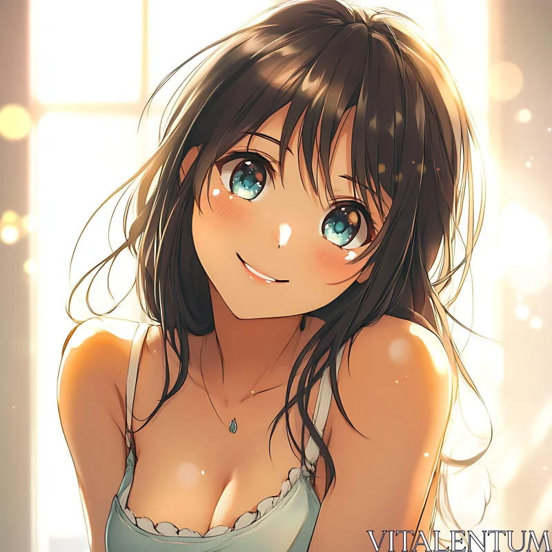 Anime Illustration of a Smiling Girl with Blue Eyes AI Image