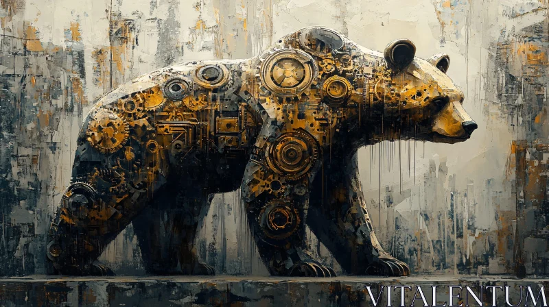 AI ART Steam-Punk Bear with Gears and Abstract Background