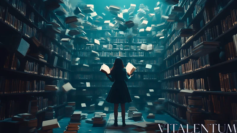 AI ART Woman in Library Surrounded by Floating Books