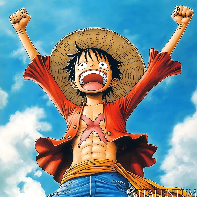 Animated Straw Hat Character with Uplifted Arms AI Image