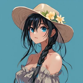 Serene Anime Girl with Blue Eyes and Summer Hat