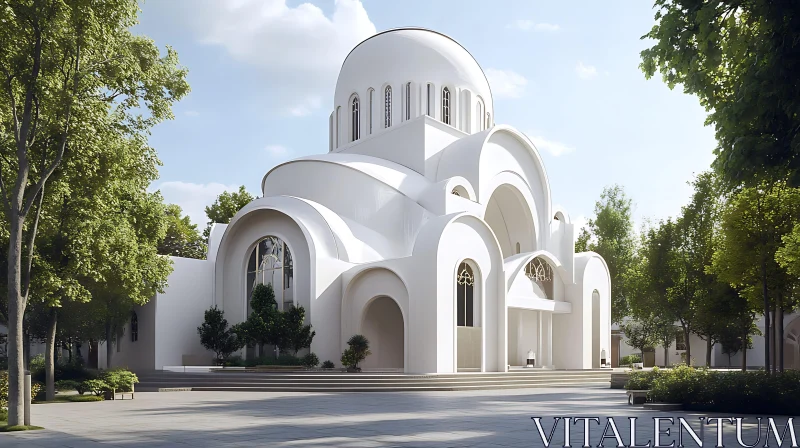 AI ART Contemporary White Church Amid Lush Greenery