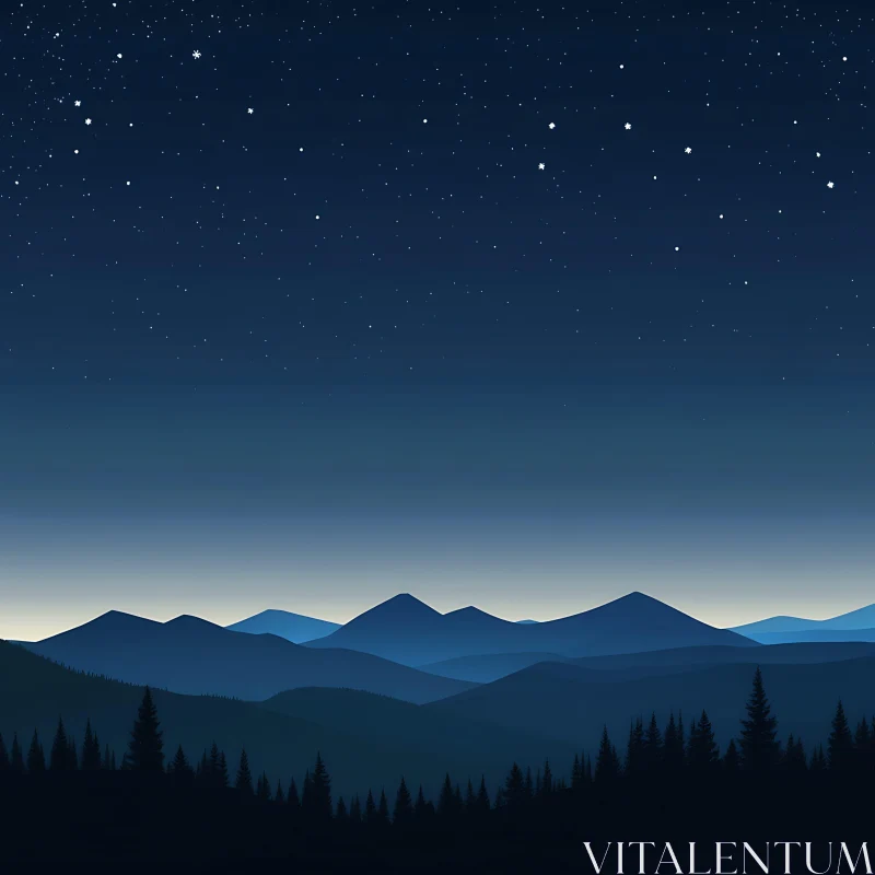 Blue Mountains and Starry Night Scene AI Image