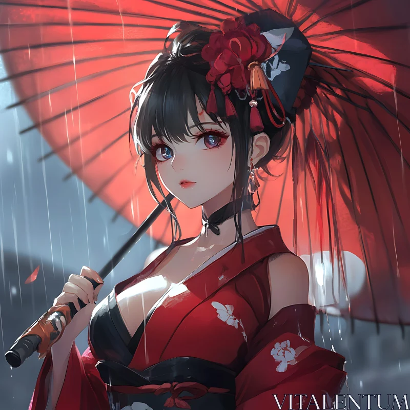 Anime Lady in Red Kimono Under Rain AI Image