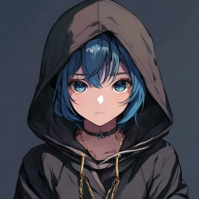 Mysterious Hooded Anime Character with Blue Hair