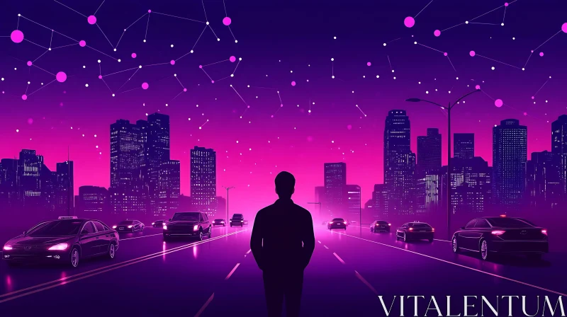 AI ART Purple Futuristic Cityscape with Silhouette