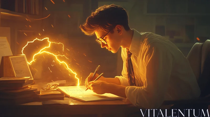 AI ART Man Writing with Golden Energy