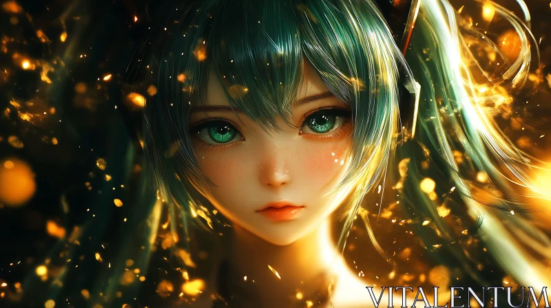 Magical Anime Girl with Green Hair and Golden Particles AI Image