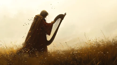 Golden Field Harpist Illustration