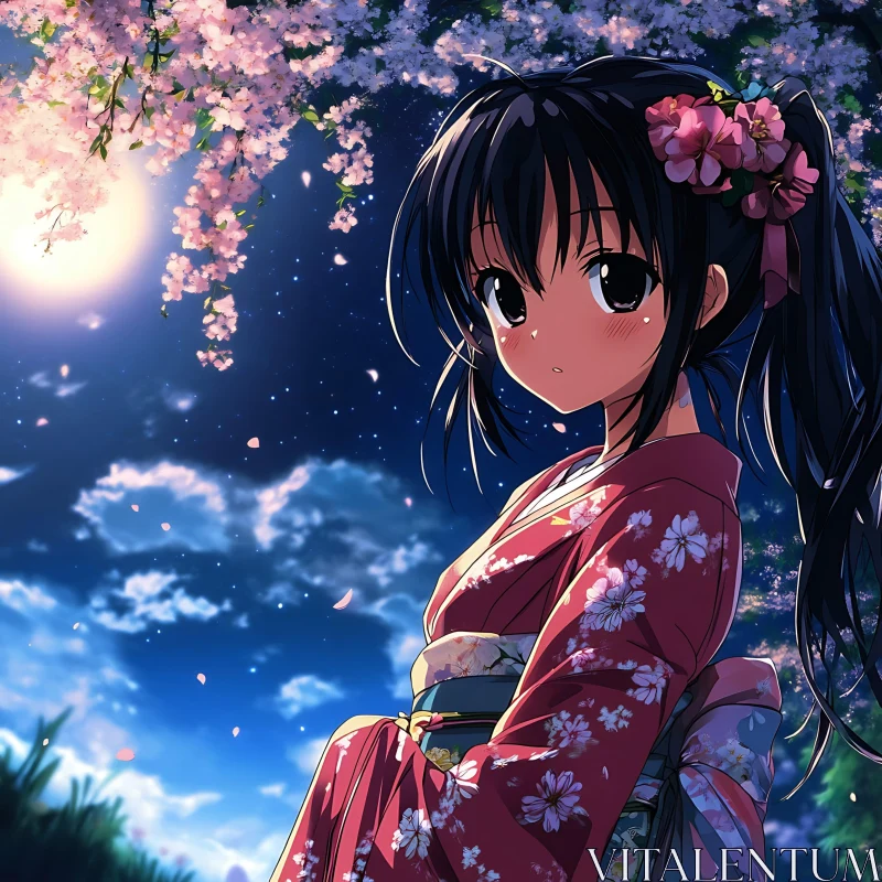 Anime Girl in Kimono Under Moonlit Cherry Blossoms AI Image