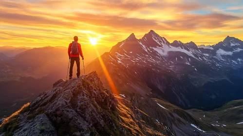 Man on Mountain Peak at Sunset