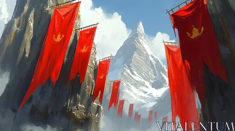 AI ART Snowy Mountain View with Red Flags