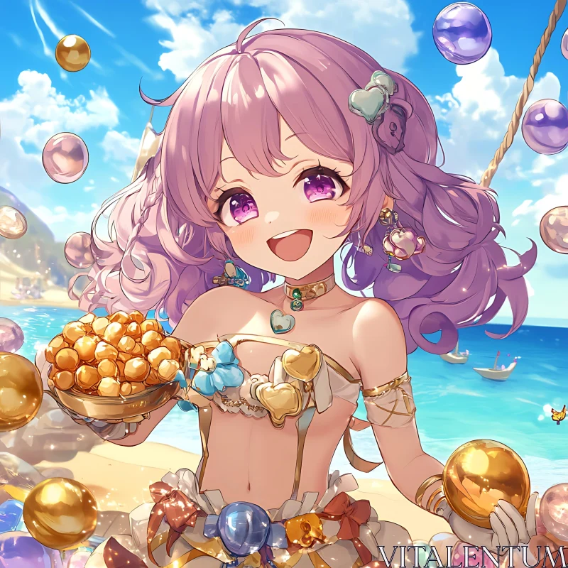 Anime Girl with Purple Hair by the Ocean AI Image