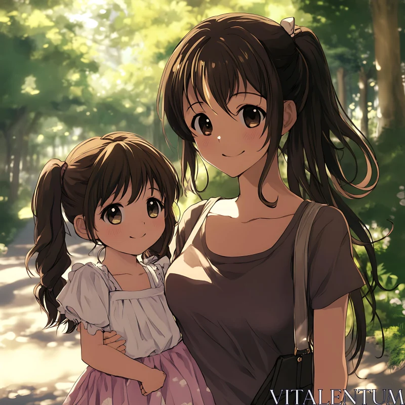 Mother and Child in Anime Forest Scene AI Image