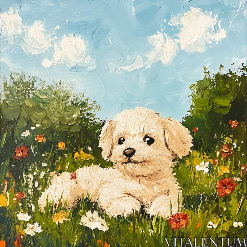 Delightful Puppy in a Meadow Painting AI Image