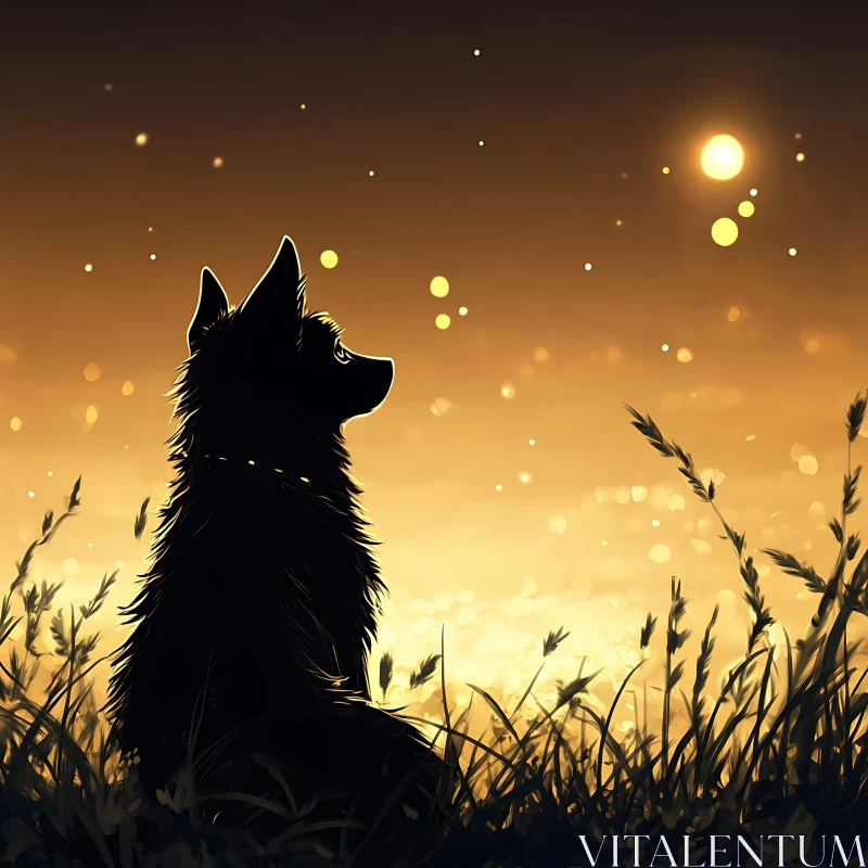 Dog at Sunset in a Golden Field AI Image