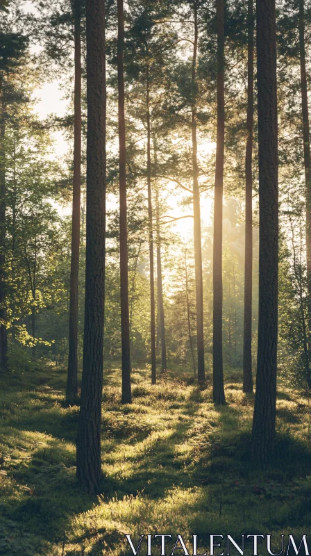 Peaceful Forest Scene with Sun Rays and Shadows AI Image