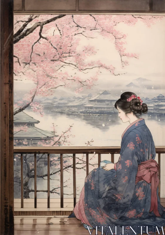 AI ART Kimono Woman and Serene Waterscape