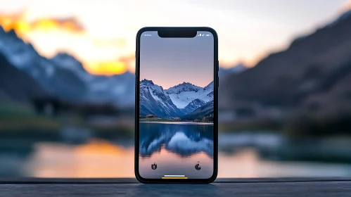 Mobile Phone Displaying Mountainous Landscape