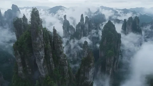 Foggy Mountain Landscape with Rock Pillars