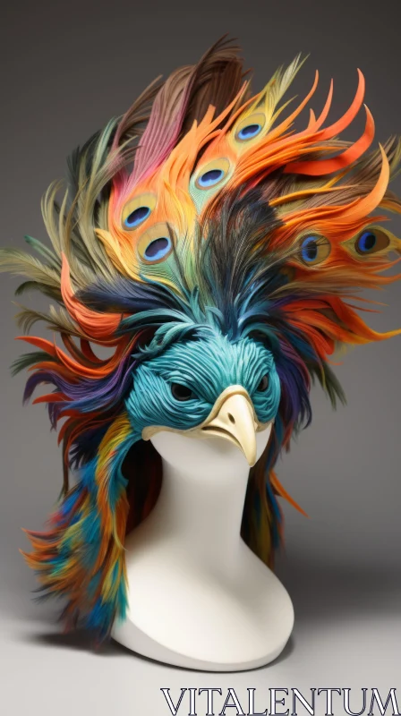 Colorful Feathers Adorned Mannequin Head: Futuristic Op Art AI Image