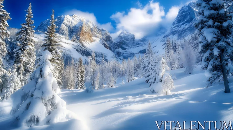 AI ART Winter Mountain Landscape with Snow Covered Trees