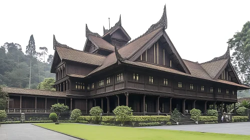 Historic Wooden Building with Intricate Roofs