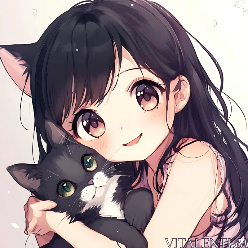 Anime Girl with Black Cat AI Image