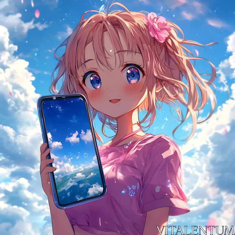 AI ART Anime Girl with Smartphone and Sky Background