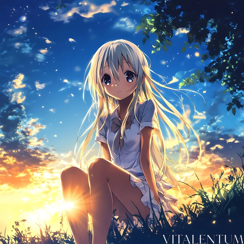 Tranquil Sunset with Anime Girl AI Image