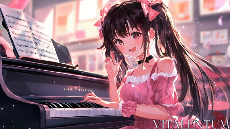 Anime Girl at Piano in Pink AI Image