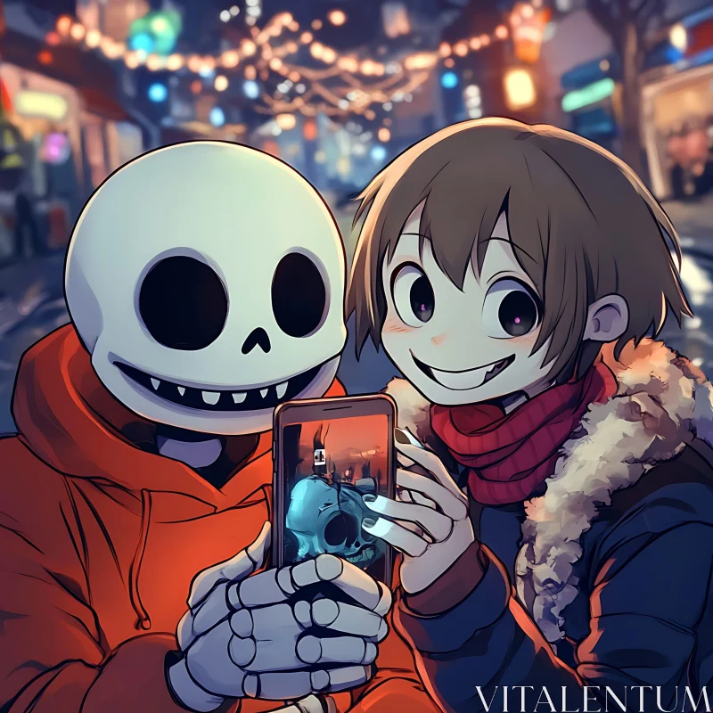 Animated Friends' Night Out with Festive Lights AI Image