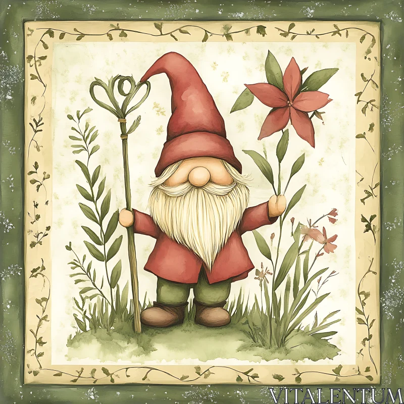 AI ART Whimsical Gnome with Flower and Staff