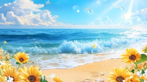 Coastal Scene with Flowers and Birds